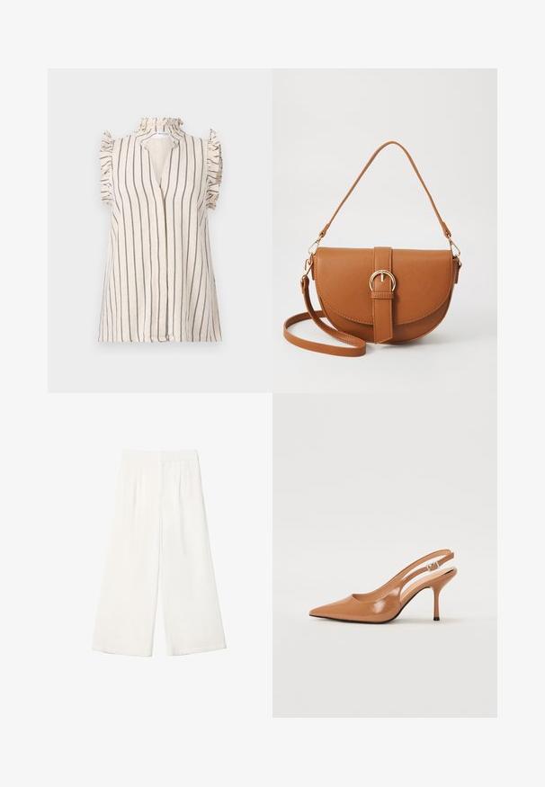 Světlý béžový top s tmavě modrými vertikálními pruhy, volánkovými rukávy a vysokým výstřihem, s předním zapínáním.; Bílé kalhoty s širokými nohavicemi vyrobené z hladkého materiálu. Mají plochý pas a vertikální záhyby pro přidaný detail.; Sandy poprsko s úzkým podpatkem v hladkém, lesklém odstínu tan. Obsahuje zakřivený design s výřezem a štíhlý jehlový podpatek. Detail se stříbrnou sponou.; Hnědá kožená křížová taška s zakřiveným tvarem, zlatými detaily a akcentem s přezkou. Obsahuje odnímatelný popruh na rameno.