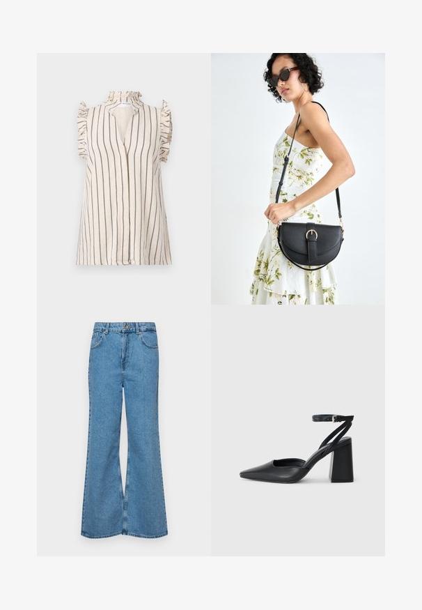 Light beige blouse with navy vertical stripes, ruffled sleeves, and a high neckline, featuring a front placket opening.; Light blue flared jeans made of denim, featuring a high waist, five pockets, and a single button closure. Soft texture with faded finish.; Black leather pointy-toe pump with an ankle strap and a chunky heel. Flat texture, sleek design, and minimalistic aesthetics.; Black leather handbag with a curved shape, detachable strap, and gold hardware. The bag features a flap with a buckle detail.