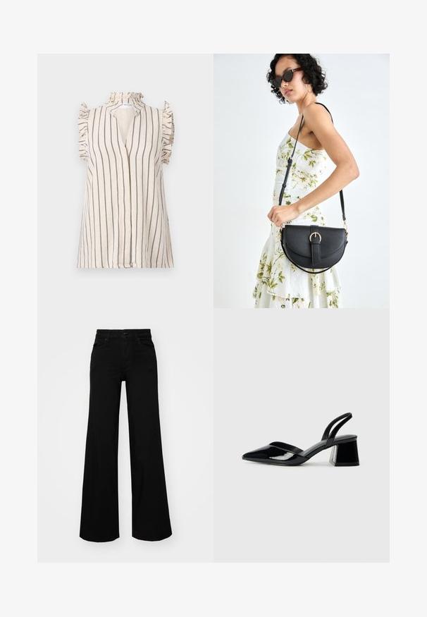 Svetlo bež bluza z mornarsko modrimi navpičnimi črtami, nabranimi rokavi in visokim ovratnikom, s sprednjim zapenjanjem.; Črne široke denim hlače s strukturiranim pasom, z zankami za pas in sprednjimi žepi. Gladka tekstura s klasičnim dizajnom.; Črne lakirane slingback pete s koničastim nosom in geometrijsko blokasto peto. Imajo eleganten, minimalističen dizajn in gladko teksturo.; Črna usnjena torbica s ukrivljeno obliko, z odstranljivo naramnico in zlatimi dodatki. Torbica ima pokrov s podrobnostmi v obliki zaponke.
