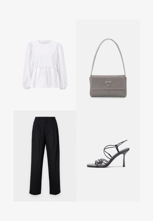 Weiße Bluse mit Rundhalsausschnitt, gepufften langen Ärmeln und gerafftem Peplum-Taille. Aus glattem Stoff ohne Muster oder Verzierungen gefertigt.; Schwarze Hose mit maßgeschneidertem Design, featuring eine hohe Taille, Falten und geraden Beinen. Hergestellt aus glattem Stoff in einfarbiger Ausführung.; Schwarze, hochhackige Sandalen mit dünnen Riemen und einem geknoteten Design, einer glatten, rechteckigen Zehenpartie und einem eleganten Stiletto-Absatz.; Hellegraue metallische Handtasche mit einer Kettenriemen, verziert mit kleinen kreisförmigen metallic Nieten und einem dreieckigen Markenlogo.; Silberne Creolen mit einer glatten, glänzenden Oberfläche. Abgerundete Form, leichtes Design, mit einer Steckverschluss.