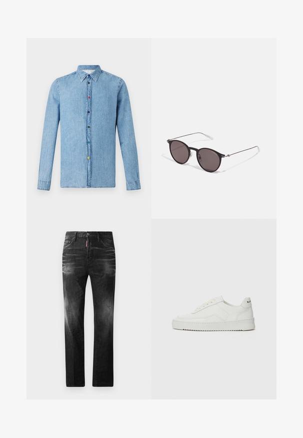 Lichtblauwe spijkerblouse met lange mouwen, spitse kraag en meerkleurige knopen langs de voorkant. Vlotte textuur met een casual ontwerp.; Zwarte denim jeans met een rechte pasvorm. Beschikt over vervaagde gebieden, lichte slijtage, klassiek vijf-pocket ontwerp en een knoopsluiting.; Witte leren sneaker met een gladde afwerking, ronde neus, platte veters en een gestructureerde zool. Kenmerkt zich door een subtiel logo op de hiel.; Zwarte ronde zonnebril met donkere lenzen en slanke metalen armen. Inclusief heldere tempelpunten en zilveren accenten bij de scharnier. Minimalistisch ontwerp.
