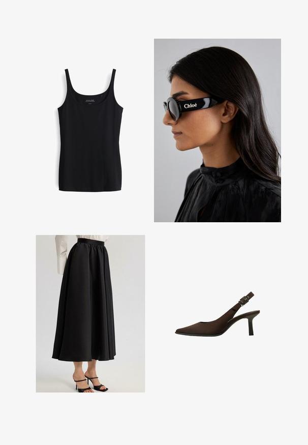 Czarny top na ramiączkach, wykonany z miękkiego, elastycznego materiału. Posiada prosty, dopasowany fason oraz okrągły dekolt.; Czarna długa spódnica z gładkiego materiału, z marszczonym pasem i swobodnym krojem, w połączeniu z czarnymi sandałami na cienkich obcasach.; Brązowe zamszowe czółenka na pasek z odkrytą piętą, z wydłużonym noskiem, eleganckim fasonem, cienką szpilką oraz z akcentem klamry na pasku wokół kostki.; Czarne okulary przeciwsłoneczne z okrągłymi soczewkami i odważnymi, kanciastymi oprawkami, na boku z białym napisem "Chloé". Gładkie, błyszczące wykończenie.; Brązowa torebka ze strukturalnej skóry, z złotymi akcesoriami, górnym uchwytem i odpinanym paskiem na ramię. Posiada przednią klapkę oraz detal z logo.; Złoty prostokątny zegarek na nadgarstek z białą tarczą, srebrnymi znacznikami godzin i wytrzymałym metalowym bransoletą. Wbudowana funkcja wodoodporna.