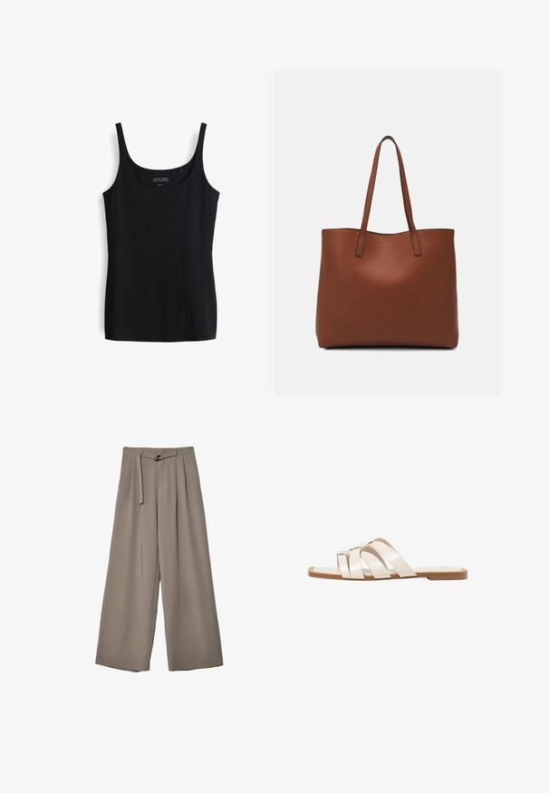 Czarny top na ramiączkach, wykonany z miękkiego, elastycznego materiału. Posiada prosty, dopasowany fason oraz okrągły dekolt.; Spodnie o szerokich nogawkach w miękkim, stonowanym szarym materiale, z paskiem w talii i plisami dla dodania detali projektowych. Gładka tekstura, bez wzorów.; Płaskie sandały z brązową gumową podeszwą, zaprojektowane z trzema nakładającymi się na siebie białymi skórzanymi paskami i małym detalem w postaci kokardy na środku.; Brązowa skórzana torba tote o gładkiej fakturze, z otwartym wierzchem i dwoma ramiączkami. Charakteryzuje się minimalnym przeszyciem i brakiem widocznych elementów metalowych.