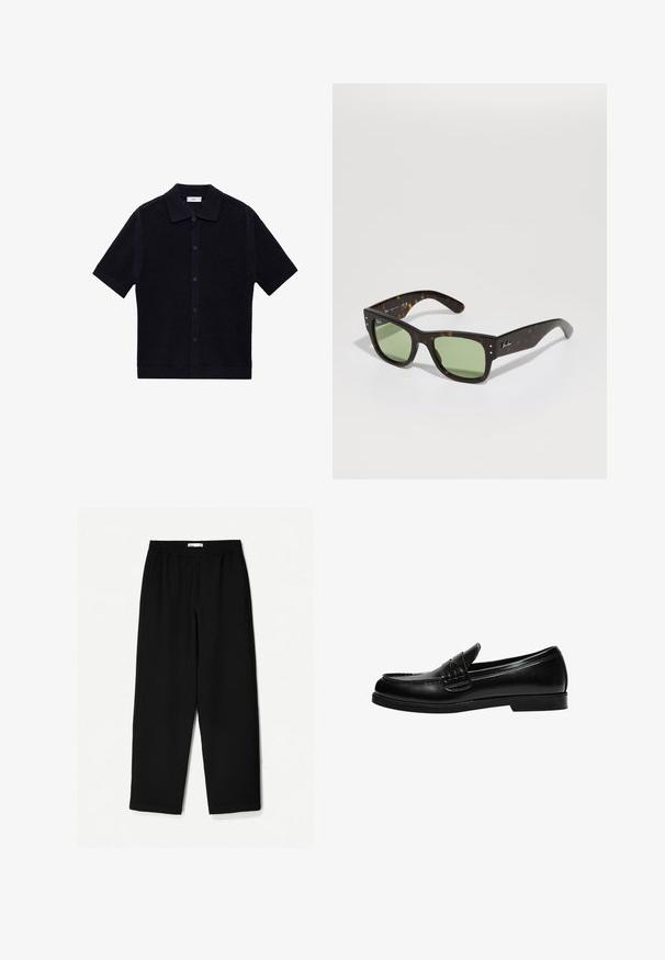 Marineblauwe korte mouwen gebreide cardigan met een textuurpatroon, een kraaghalshals en een knoopsluiting aan de voorkant. Geaccentueerd met donkere knopen.; Zwarte, wijde broek van een lichtgewicht stof. Voorzien van een elastische tailleband en een soepele textuur. Geen zichtbare patronen of hardware.; Zwarte leren loafers met een gladde afwerking, voorzien van stiksel op de voorkant en een lage, stevige zwarte rubberen zool.; Bruine schildpad zonnebril met groene lenzen, vierkant formaat en metalen accenten. Heeft een logo op de linker poot. Matte afwerking.