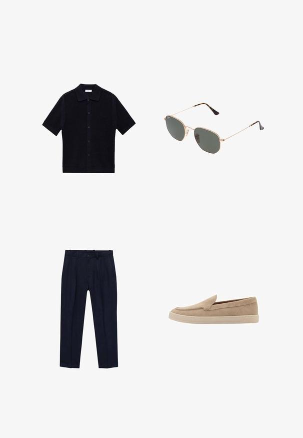 Cardigan in maglina corto a maniche corte di colore blu navy, con un motivo testurizzato, colletto e chiusura con bottoni sul davanti. Accentato da bottoni scuri.; Pantaloni navy realizzati in tessuto liscio, con un fit leggermente sagomato, pieghe frontali, passanti per cintura e chiusura a un bottone.; Scarpa slip-on in suede beige con punta arrotondata e dettagli cuciti. Suola in gomma chiara con design a profilo basso.; Occhiali da sole con montatura in metallo dorato e lenti verde scuro, stile aviator, con aste sottili e dettagli in tartaruga sulle punte.