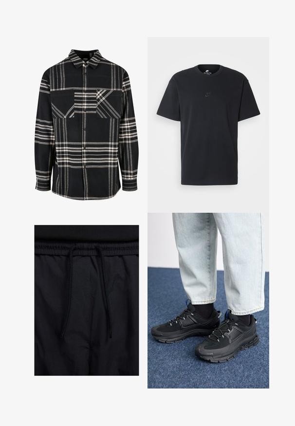 Cămașă din flanel cu carouri alb-negru, cu guler, închidere cu butoni și două buzunare frontale. Prezintă modele diagonale și un material texturat.; Tricou din bumbac negru Nike, cu guler rotund clasic, mâneci scurte și un logo subtil embosat pe piept. Textură netedă.; Șorturi negre cu un brâu reglabil, dintr-un material ușor cu o textură netedă și un design simplu, fără logo-uri sau modele vizibile.; Pantofi sport negri, cu țesătură texturată și tălpi din cauciuc, având șireturi elastice și un accent albastru pe toc. Purtați cu pantaloni din denim deschis.