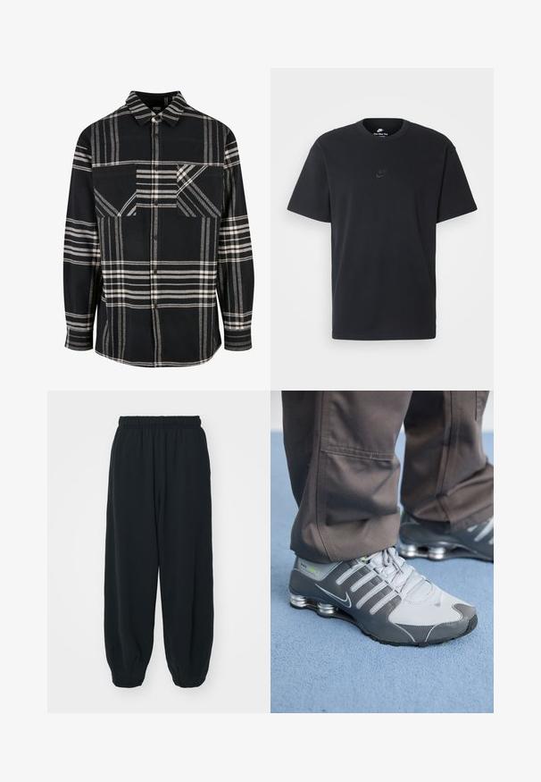 Sorte og hvide ternede flannel skjorte med krave, knaplukning foran og to frontlommer. Har diagonale mønstre og struktureret stof.; Nike sort bomulds t-shirt med en klassisk rund hals, korte ærmer og et diskret, præget logo på brystet. Glat tekstur.; Sorte svedbukser med elastisk talje, løs pasform, afsluttede ankler, glat tekstur og uden synlige mønstre eller hardware-detaljer.; Grå og sølv Nike Shox sneakers har et slankt design med mesh og syntetiske materialer, en rund tå og en polstret krave.