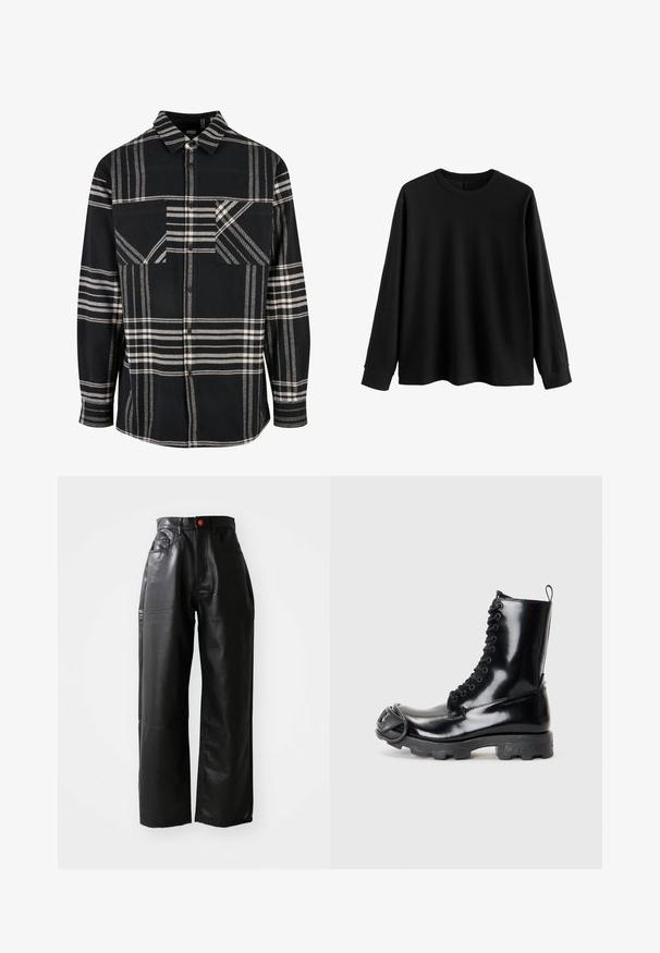 Crno-bijela karirana flanelska košulja s ovratnikom, kopčanjem sprijeda i dva prednja džepa. Sadrži dijagonalne uzorke i teksturiranu tkaninu.; Crni pulover dugih rukava izrađen od mekog materijala, s okruglim izrezom, opuštenim krojem i rebrastim manžetama. Minimalistički dizajn, bez dodatnih uzoraka.; Crne hlače širokih nogavica izrađene od umjetne kože s visokim strukom, vidljivim džepovima i crvenim gumbom kao ukrasom, s glatkom, sjajnom teksturom.; Crne lakirane vojne čizme s sjajnim završetkom, dizajnom s vezanjem, debelim gumenim potplatom i karakterističnim prednjim detaljima od hardvera.
