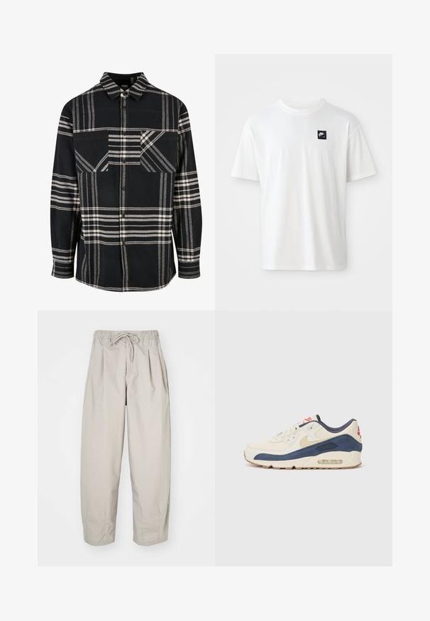 Svart og hvit rutet flanellskjorte med krage, knappelukking foran, og to frontlommer. Har diagonale mønstre og strukturert stoff.; Hvit bomull t-skjorte med korte ermer og rund hals; har en liten svart rektangulær Nike Air-logo på venstre bryst.; Beige, lette bukser med elastisk midje og snor. Har folder og løs passform, laget av myk og glatt stoff.; Sko med overdel i kremfarget lær og marineblå semsket skinn, med synlig luftsåle, beige gummisåle og rød detalj på hælen.