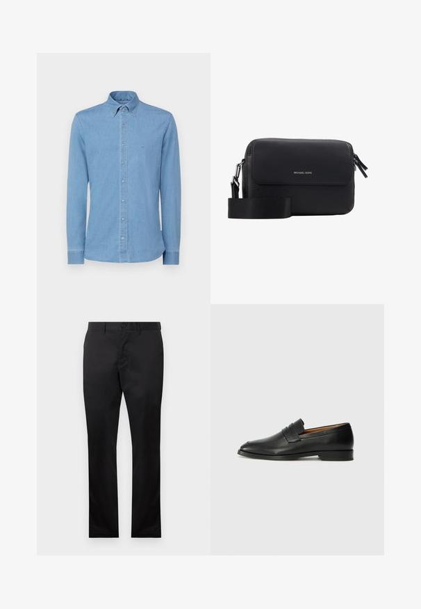 Camicia in denim azzurro chiaro con maniche lunghe, colletto a punta e chiusura frontale con bottoni. Presenta un discreto logo ricamato sul petto.; Pantaloni in cotone neri con un design a gamba dritta, dotati di chiusura frontale con bottone e tasche laterali, texture liscia, senza motivi visibili.; Mocassino in pelle nera con punta arrotondata, dettagli cuciti sottili e tacco basso, caratterizzato da una texture liscia e un design minimalista.; Borsa a tracolla in pelle nera con texture a granuli, chiusura a pattina, logo argentato e tracolla regolabile. Forma rettangolare compatta.