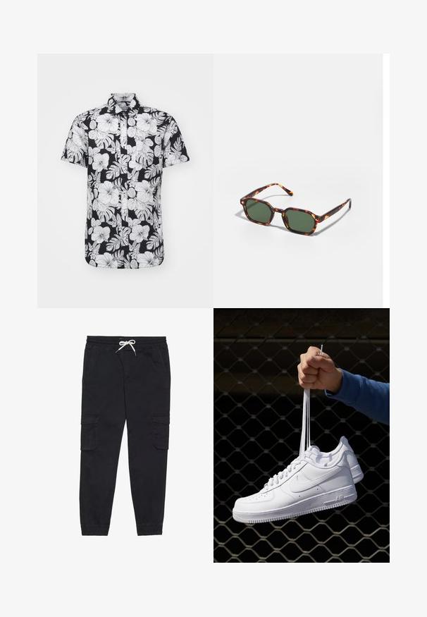 Chemise à manches courtes avec un fond noir et des motifs floraux et de feuilles blancs audacieux, design col, et ourlet droit.; Pantalons cargo noirs en coton, avec une taille élastique et un cordon de serrage, des poches latérales et des poignets fuselés.; Baskets en cuir blanc avec perforations, à bout rond, semelle plate et lacets épais, arborant un logo swoosh visible et "AIR" sur le talon.; Lunettes de soleil en écaille de tortue avec des verres verts, présentant une forme octogonale et des branches minces et courbées. Le matériau a une finition brillante.