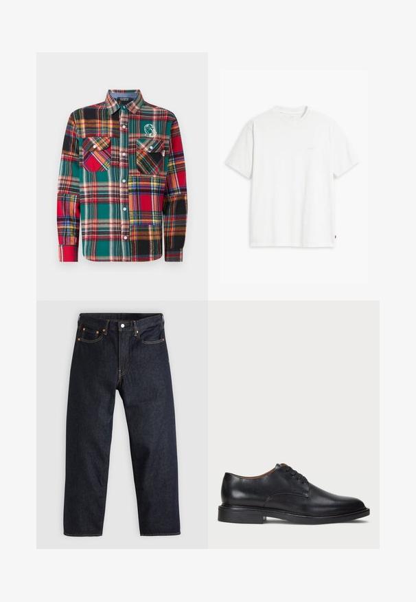 Billionaire Boys Club PATCHWORK CHECK SHIRT - Skjorte - multi coloured; Hvit bomulls-T-skjorte med korte ermer, rund hals og en subtil "Levi's"-logo trykt i lys farge på fremsiden.; Mørkeblå denimjeans med rett snitt, fem lommer, kontrasterende oransjefarget søm, og glidelås med knapp. Ingen synlige mønster eller dekorasjoner.; Sorte skinnsko med rund tå, snøring og lav, stablet hæl. Glatt tekstur med minimale sømdetaljer.