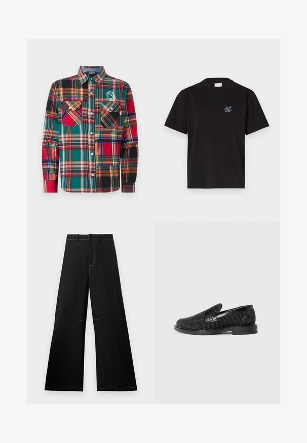 Billionaire Boys Club PATCHWORK CHECK SHIRT - Overhemd - multi coloured; Zwarte katoenen T-shirt met een ronde hals en korte mouwen. Heeft een klein blauw logo op de linkerkant van de borst. Eenvoudig, recht gesneden ontwerp.; Zwarte wijde broek met witte stiksels, met een knoopsluiting en een elastische tailleband met riemlussen. Gemaakt van lichte stof.; Zwartegeweven instap schoenen met een glad leren accent aan de bovenkant, een ronde neusontwerp en een laag profiel rubberen zool.