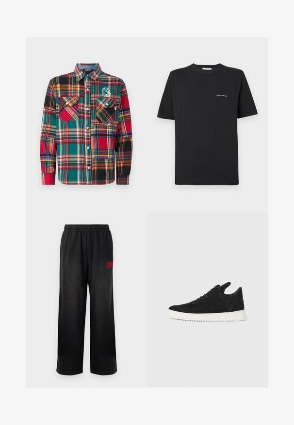 Billionaire Boys Club PATCHWORK CHECK SHIRT - Srajca - multi coloured; Črna bombažna majica s krojnim izrezom, kratkimi rokavi in majhnim belim logotipom "TIGER OF SWEDEN" na prsih. Klasičen kroj.; Črne trenirke z elastičnim pasom in stranskimi žepi. Imajo rdeč logotip "Billionaire Boys Club" na desnem stegnu. Mehka, gladka tekstura.; Črne semiš športne copate z belo gumijasto podplatom, ki imajo toneče šive in vezalni dizajn. Gladka tekstura z modernim, poenoteno oblikovano silhueto.