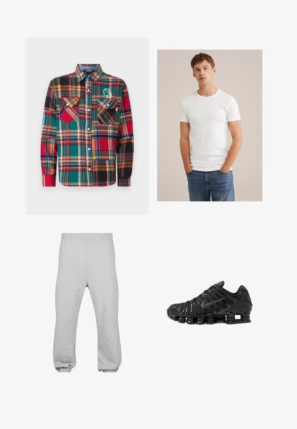 Billionaire Boys Club PATCHWORK CHECK SHIRT - Camicia - multi coloured; Giovane uomo con capelli ricci corti che indossa una maglietta bianca a maniche corte e jeans blu, in piedi con le mani nelle tasche.; Pantaloni della tuta grigi realizzati in misto cotone, dotati di una vita elasticizzata, gambe affusolate e orli a costine. Design semplice senza motivi.; Scarpe sportive nere realizzate in mesh e materiali sintetici, caratterizzate da un design ondulato distintivo, suola in gomma nera e dettagli riflettenti.