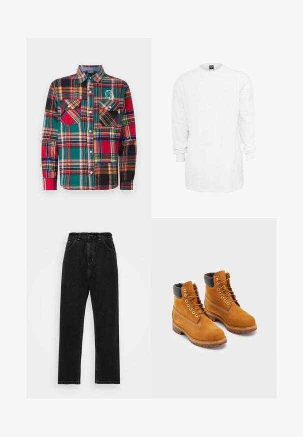 Billionaire Boys Club - Koszula; Biała bawełniana koszulka z długim rękawem, okrągłym dekoltem, luźnym krojem i ściągaczami przy rękawach. Gładki design, bez grafik ani wzorów.; Czarne dżinsy typu denim o prostym kroju, z pięcioma kieszeniami, zapięciem na guzik i zamek błyskawiczny oraz kontrastującymi żółtymi szwami.; Skórzane buty robocze w kolorze tanowym z czarnym wyściółką, złotymi oczkami i brązową gumową podeszwą. Posiadają kontrastowe przeszycia oraz logo na boku.