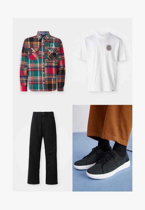 Billionaire Boys Club PATCHWORK CHECK SHIRT - Skjorte - multi coloured; Hvit bomulls t-skjorte med et rundt logo på brystet. O-hals, korte ermer, avslappet passform, med røde og svarte detaljer.; Svart denimbukser med rett snitt, med frontlommer, glidelåsgylf og en enkelt knapp i toppen. Teksturert stoff med matt overflate.; Svarte semskede sneakers med hvite gummisåler, med snøring, teksturerte detaljer og subtil branding, sammen med brune bukser.