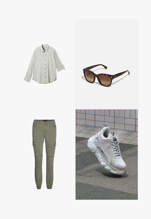 Long-sleeve button-up shirt in light gray with a geometric pattern. Soft fabric with a relaxed fit and rolled cuffs. Blue buttons for closure.; Olive green cargo pants in durable cotton blend with tapered cuffs, multiple pockets, and knee pleats for added mobility.; White sneaker with mesh and leather materials, rounded toe, thick sole, prominent laces, and branding on the heel and tongue.; Tortoiseshell square sunglasses with gradient brown lenses, featuring gold accents on temples and a thick, glossy frame.