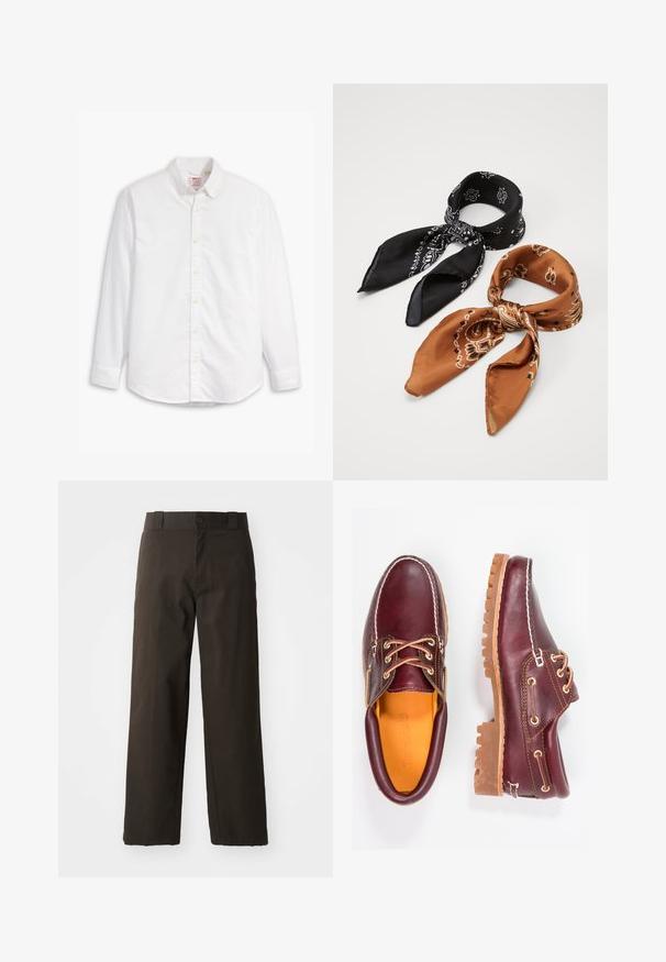 Fehér, hosszú ujjú gombos ing pamutból. Klasszikus gallérral, gombos zárással és enyhe textúrával rendelkezik, az mellkason pedig egy diszkrét logó található.; Fehér pamut trikó, kerek nyakkivágással és széles pántokkal, világos bézs nadrággal, amelynek gombja és redőzete van.; Fekete pamut nadrág egyenes szabással, gombos záródással és klasszikus derékrésszel. Simább textúra, minták vagy díszítések nélkül.; Bordó bőr cipő barna gumitalppal, kerek orral, fehér varrással és arany fűzőlyukakkal. A belső tér sárga béléssel rendelkezik.; Két mintás sál: az egyik fekete fehér mintákkal, a másik barna narancsos díszítéssel. Mindkettő selyemből készült, és hegyes végű.