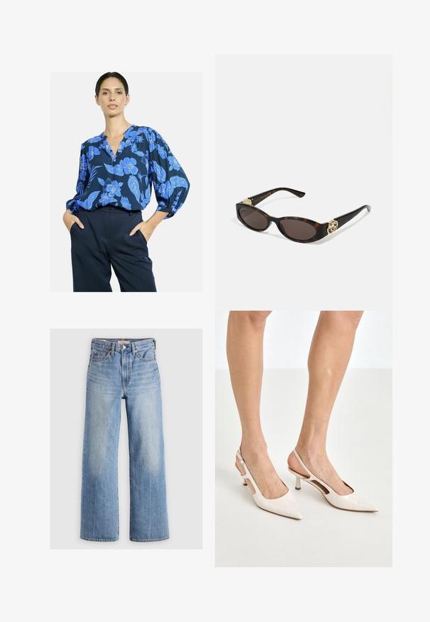 Námornická blůza s modrým květinovým vzorem, výstřihem do V a volnými rukávy; spárovaná s tmavými kalhotami s vysokým pasem. Hladká struktura látky.; Světle modré džínové široké nohavice s vysokým pasem, vybledlými oblastmi, pěti kapsami a kontrastním prošitím. Klasické zapínání na knoflík a zip.; Béžové lakované lodičky na podpatku s špičatou špičkou a 5 cm podpatkem, se vykrojenými boky a tenkým kotníkovým páskem.; Brýle sluneční s kočičím vzorem, prodloužené oválné čočky, hnědý odstín, zlaté logo na spáncích a elegantní černé nožičky.; Zakřivená krémová kožená kabelka s jedním popruhem, zlatými kovovými prvky a jemným logem ve spodní části. Zapínání na zip podél horního okraje.; Zlatý náhrdelník se vzorem listu a texturovanými detaily. Kousek má uzávěr na řetízek a přirozený, plynulý tvar.