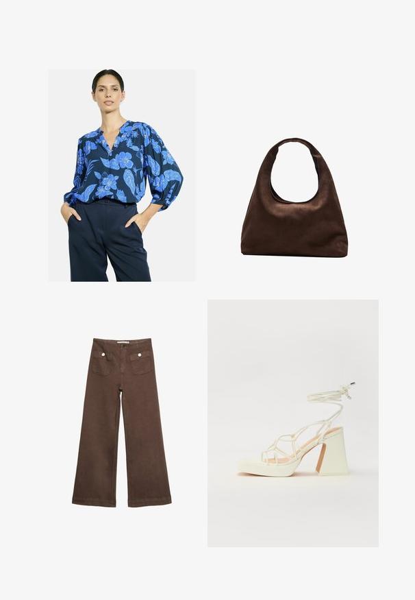 Marinebluse mit blauem floralem Print, V-Ausschnitt und weit geschnittenen Ärmeln; kombiniert mit hochtaillierten dunklen Hosen. Glatte Stoffoberfläche.; Braune weit geschnittene Hosen aus Baumwolle, mit zwei Fronttaschen mit silbernen Knöpfen und einer glatten Textur.; Weiße High-Heel-Sandale mit einem klobigen Absatz, die über ein Riemchendesign und ein Knöchelband verfügt. Glatte Textur mit einer Plattform vorne für zusätzliche Höhe.; Weiche braune Hobo-Stil Handtasche mit einem einzigen breiten Trageriemen und einer geschwungenen Oberteilöffnung, auf einem weißen Hintergrund präsentiert.