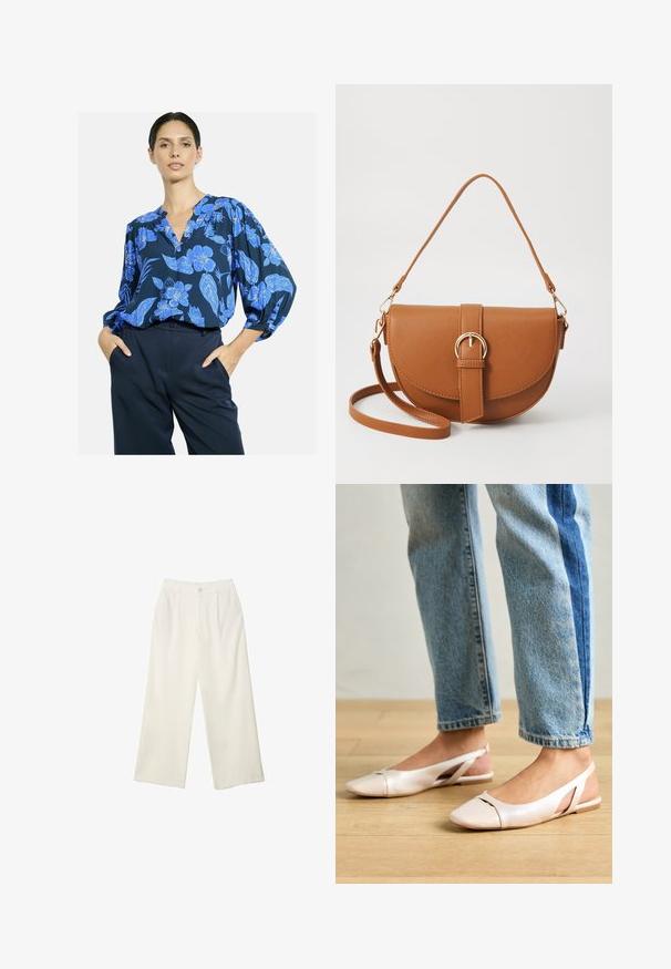 Laivastonsininen pusero, jossa on sininen kukkakuosi, V-pääntie ja ilmavat hihat; yhdistettynä korkeavyötäröisiin tummaan housuihin. Silkkinen kangas.; Kermanhousut vaaleassa kankaassa, jossa on sileä rakenne, yksittäinen etunappi, hienovaraiset laskokset ja korkea vyötärömuotoilu.; Vaaleanpunaiset slingback-ballerinat, joissa on terävä kärki, valmistettu sileästä nahkamaisesta materiaalista. Sivujen leikkuuyksityiskohdat ja tasapohja.; Ruskean nahkainen olkalaukku, jossa on kaareva muoto, kultaiset yksityiskohdat ja solkiyksityiskohta. Varustettu irrotettavalla olkahihnalla.