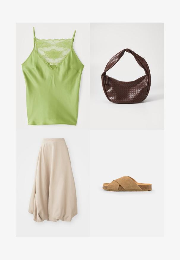 Zaļa kamizola ar mežģīņu apdari apkaklē, regulējamām spageti siksnām un gludu satīna apdari.; Bežs balonu svārki, kas izgatavoti no mīksta auduma. Iezīmē augstu jostasvietu un apjomīgu dizainu ar savilktu faktūru apakšmalā.; Mīkstās ādas pārmešana siksniņu slīdēšanai paredzēts sandalē gaišā brūnā krāsā, ar korķa apvalku un teksturētu gumijas apakšdaļu, kam ir plakana forma un plaša piegriezuma.; Brūna austa ādas soma ar izliekta, mezglota rokturi un ar rāvējslēdzēju aizdari. Gluda tekstūra un noapaļota forma.