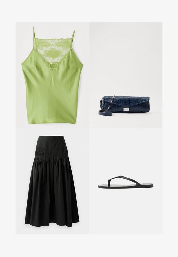 Zelený top s nastaviteľnými ramienkami a čipkovým detailom na výstrihu, s jemným saténovým povrchom.; Čierna sukňa po kolená vyrobená z hladkej látky, s priliehavým pásom a naberaným dizajnom pre objem.; Čierne šľapky s minimalistickým dizajnom, s tenkými popruhmi a plochou podrážkou. Materiál vyzerá ako plast s hladkou textúrou.; Tmavomodrá kožená kapsička s krokodílovou textúrou, strieborný reťazový popruh a kovová spona. Obdĺžnikový tvar so sklápacím dizajnom.