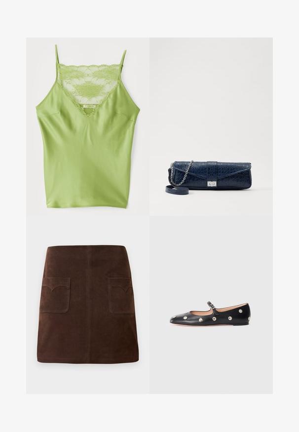 Camisola verde con bordatura in pizzo sul collo, spalline sottili regolabili e una finitura satinata liscia.; Gonna in suede marrone con una classica forma a campana, due tasche frontali con alette arrotondate e dettagli di cucitura sottili.; Scarpa flat nera in pelle tipo Mary Jane con punta arrotondata, caratterizzata da borchie circolari argentate e una fascia regolabile con fibbia.; Clutch in pelle blu navy con texture a coccodrillo, tracolla in catena argentata e chiusura metallica. Forma rettangolare con design pieghevole.