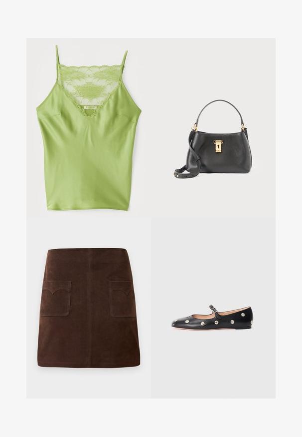 Grøn cami med blonderkant ved halsudskæringen, justerbare spaghetti-stropper og en glat satinfinish.; Mørkebrun ruskindnederdel med en klassisk A-formet silhuet, to forreste lommer med rundede klapper og subtile syninger.; Sorte læder Mary Jane flad sko med en rund tå, udstyret med sølvfarvede runde nitter og en justerbar rem med spænde.; Sort lædertaske med struktureret overflade, der har en guldlås som lukning, kort håndtag og en aftagelig skulderrem.