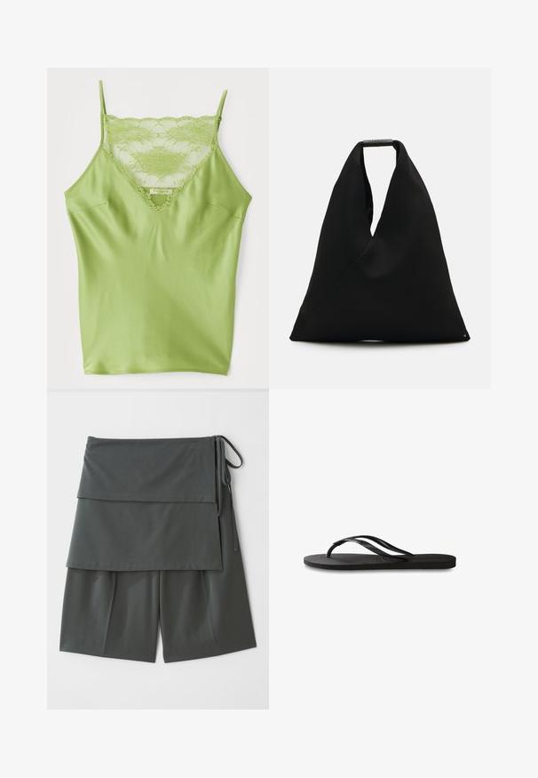 Vihreä topsi, jossa on pitsireunus kaula-aukossa, säädettävät ohuet olkaimet ja sileä satiinipinta.; Mustaton, hihaton paita ohuilla olkaimilla, väljä malli ja rypytetty helmus. Valmistettu kevyestä kankaasta, jonka pinta on sileä.; Tummanharmaat unisex-shortsit, joissa on kerroksellinen muotoilu, yläpaneeli ja sivuilla solmittavat nauhat. Valmistettu sileästä, kevyestä kankaasta.; Mustat flip-flopit, joissa on röpelöinen kumipohja, kaksi hoikkaa remmiä ja hillitty, kohokuvioitu logotyyli remmissä.; Mustat kangasnaisikkat, joissa on ainutlaatuinen V-muotoinen muotoilu ja sileä pinta. Varustettu lyhyellä kahvalla, jossa on minimalistinen metallikoriste.