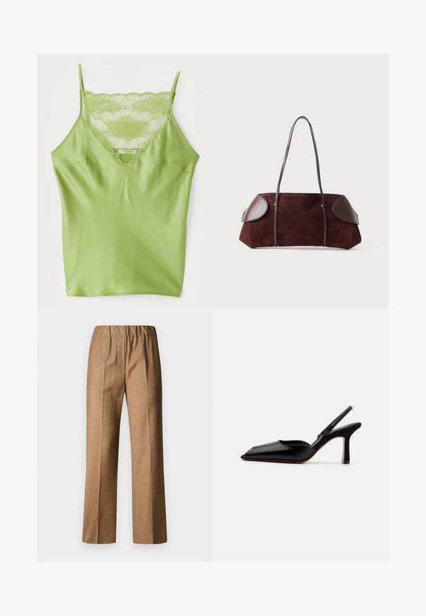 Camisola verde con bordatura in pizzo sul collo, spalline sottili regolabili e una finitura satinata liscia.; Pantaloni marroni, texturizzati, con una vestibilità rilassata, caratterizzati da una gamba ampia e una cintura elastica. Design su misura con pieghe frontali.; Décolleté nera in pelle con punta affusolata, design minimalista, sottile cinturino alla caviglia e tacco a stiletto elegante. Texture liscia.; Borsa in suede marrone con dettagli in pelle, forma strutturata, doppi manici a spalla e bordi arrotondati, caratterizzata da una texture liscia e hardware minimal.