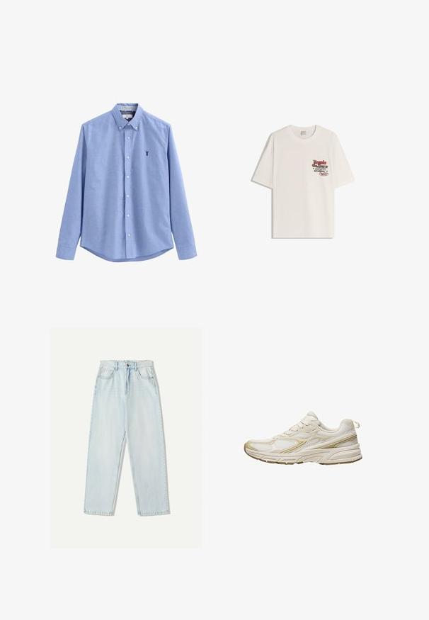 Camicia button-up azzurro chiaro con maniche lunghe, collo a punta e piccolo emblema di astice navy sul lato sinistro del petto. Tessuto liscio, vestibilità sartoriale.; T-shirt in cotone bianco a maniche corte, con scollatura rotonda. Presenta una grafica stampata in rosso e nero nella zona sinistra del petto.; Jeans in denim azzurro chiaro con una vestibilità comoda, design a gamba dritta, stile a cinque tasche e leggere sfumature sul tessuto.; Scarpe sportive bianche realizzate in mesh e materiale sintetico, con punta rotonda, suola ammortizzata e accenti beige sui lati.