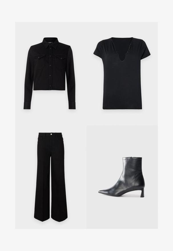 Crna skraćena traper košulja s dugim rukavima, ovratnikom na špic, prednjim kopčanjem na dugmadi i dva džepa na prsima. Ima kontrastne detalje u šavovima.; Crna majica s kratkim rukavima i dubokim V-izrezom, s pet ukrasnih gumba duž izreza. Glatka tkanina s opuštenim krojem.; Crne široke traperice od čvrstog materijala, s visokim strukom, prednjim džepovima i prednjim kopčanjem na dugme. Ravni rub na dnu.; Crne kožne gležnjače s uskim vrhom i elegantnim dizajnom. Imaju niski potpetak i zatvaranje na patentni zatvarač straga. Glatka tekstura.