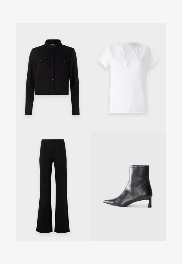 Crna skraćena traper košulja s dugim rukavima, ovratnikom na špic, prednjim kopčanjem na dugmadi i dva džepa na prsima. Ima kontrastne detalje u šavovima.; Bijela pamučna majica kratkih rukava, opuštenog kroja i V-izrezom s pločicom koja sadrži pet dekorativnih gumbića.; Crne siraste hlače visokog struka, izrađene od rastezljivog materijala. Imaju vertikalne šavove sprijeda i glatku teksturu.; Crne kožne gležnjače s uskim vrhom i elegantnim dizajnom. Imaju niski potpetak i zatvaranje na patentni zatvarač straga. Glatka tekstura.