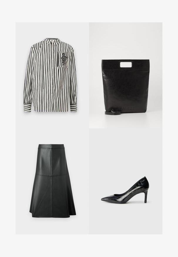 Sort-hvid stribet skjorte med knapkrave, lange ærmer og en venstre brystlomme med et drue-design. Fremstillet af bomuldsstof.; Sort læder A-linje nederdel, glat tekstur, midt på læggen, med vandret syninger ved taljen og sømmene for ekstra struktur.; Sorte spidse højhælede sko med en glansfuld overflade og en subtil tekstureret mønster. Har en moderat hæl og åben hals design.; Sort læder tote bag med et firkantet håndtag, der har en tekstureret overflade og prægede logo. Indeholder en aftagelig rem.