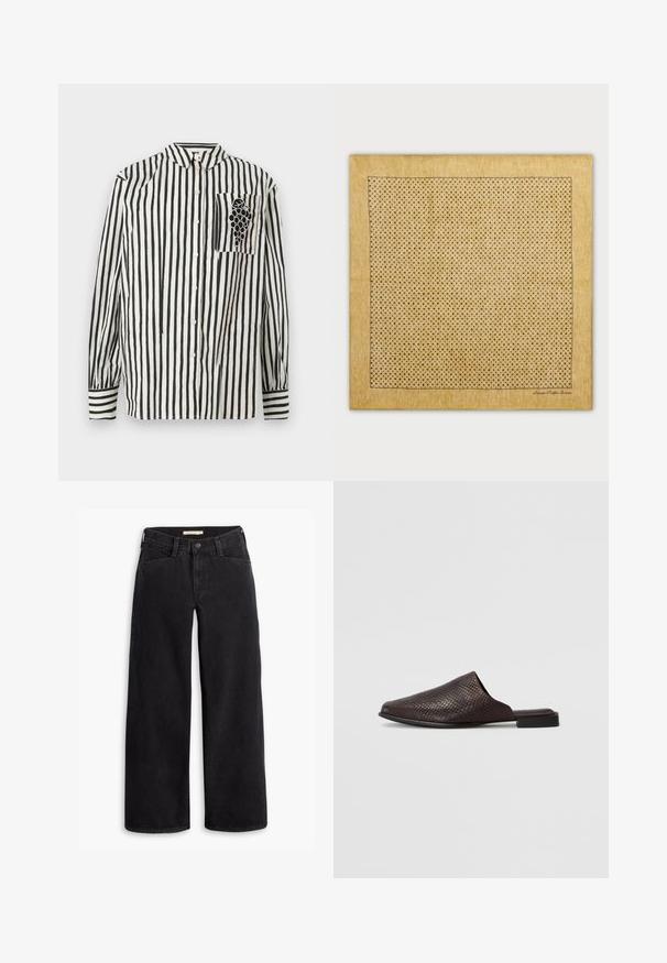 Camicia a righe bianche e nere con colletto button-down, maniche lunghe e taschino sul petto sinistro con un design di uva. Materiale in cotone.; Jeans neri a gamba larga realizzati in denim. Caratterizzati da una vita alta, tasche frontali e una chiusura con cerniera e bottone. Texture uniforme.; Mule nera senza lacci realizzata in materiale texturizzato con motivo rettile, caratterizzata da un tacco basso e piatto e una punta arrotondata e aperta.; Tovaglia beige con una griglia di piccoli punti neri distribuiti uniformemente; bordata con un sottile bordo nero. Texture liscia, forma rettangolare.