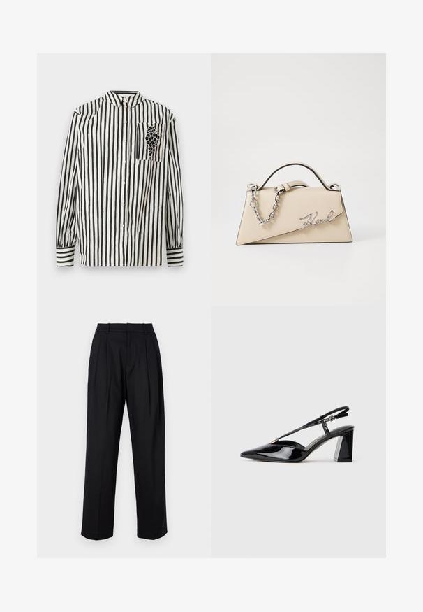 Black and white striped shirt with a button-down collar, long sleeves, and a left chest pocket featuring a grape design. Cotton material.; Black trousers with a tailored design, featuring a high waist, pleats, and straight leg cut. Made from smooth fabric with a solid color.; Black patent leather slingback high-heeled shoes with a pointed toe, adjustable strap, and chunky rectangular heel.; Beige leather handbag with a structured, triangular shape, featuring a silver chain handle and a cursive logo in metal.