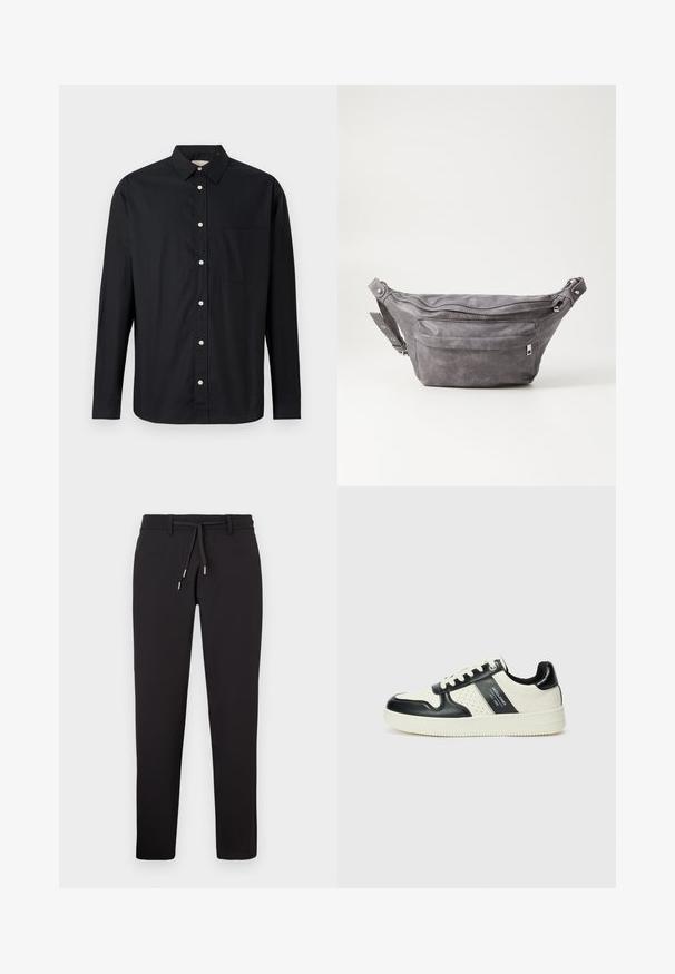 Camisa preta de manga longa com botões, colarinho e bolso no peito, exibida sobre um fundo claro.; Calças pretas com um cós elástico ajustável, design ajustado, textura suave e detalhes em metal. Sem bolsos visíveis.; Ténis de couro com um esquema de cores em preto e creme, apresentando detalhes perfurados, um colarinho acolchoado e uma sola texturizada.; Pochete cinza em camurça com forma arredondada, dois compartimentos com fecho éclair e alça ajustável. Apresenta detalhes em metal.