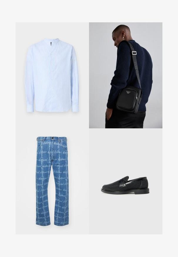 Šviesiai mėlynas ir baltas dryžuotas marškiniai su apykakle, ilgomis rankovėmis ir maža logotipo detale ant krūtinės. Pagaminta iš medvilnės.; Mėlyni džinsai su tiesia koja, puikuojantys pakartotu balto teksto raštu "Vivienne Westwood". Klasikinis penkių kišenių dizainas.; Juodas pintas slip-on tipo batelis su lygiu odiniu akcentu viršuje, apvalios nosies dizainas ir žemas guminis padas.; Juodas odinis kryžiumi nešiojamas krepšys su užtraukiamu skyriumi, logotipo detale ir prekinio ženklo reguliuojama juosta. Dėvimas ant tekstūrinio tamsiai mėlyno megztinio.