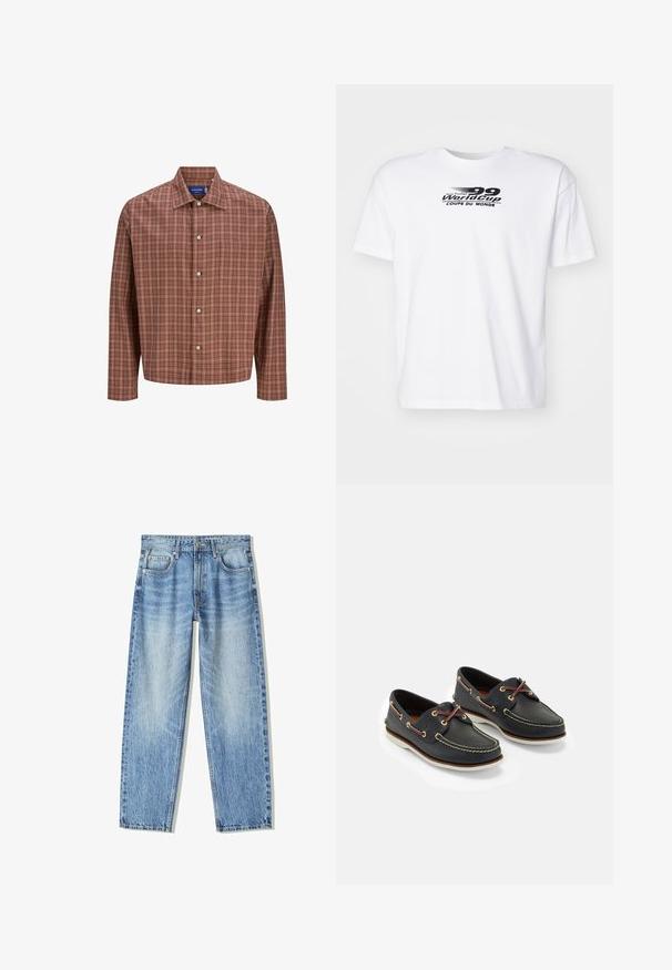 Camicia a quadri rossi e marroni con colletto a punta, maniche lunghe e bottoni bianchi, realizzata in tessuto leggero e texturizzato.; T-shirt bianca in cotone con maniche corte, caratterizzata da una stampa grafica nera che recita "Table Fussball World Cup Coupe du Monde."; Jeans in denim azzurro chiaro con vestibilità ampia, design a gamba dritta, cinque tasche e texture sbiadita. Comprendono una chiusura anteriore con bottone e zip.; Scarpe da barca in pelle blu navy con cuciture gialle, lacci rossi e occhielli argentati; punta tonda; suola in gomma bianca.