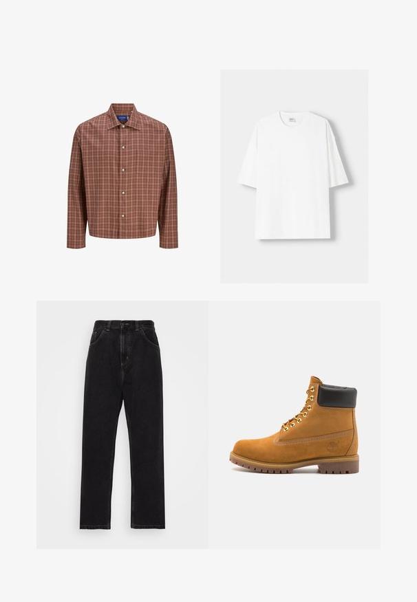 Punainen ja ruskea ruudullinen nappikauluspaita, jossa on terävä kaulus, pitkät hihat ja valkoiset napit, valmistettu kevyestä, teksturoidusta kankaasta.; Valkoinen lyhythihainen t-paita, joka on valmistettu puuvillasta, ominaisuutenaan pyöreä pääntie ja rento istuvuus. Sileä pinta, ilman näkyviä kuvioita tai yksityiskohtia.; Musta farkkuhousut suoran lahkeen muotoilulla, joissa on viisi taskua, napilla ja vetoketjulla suljettava malli sekä erottuva keltainen ommel.; Valkoinen nahkainen nilkkuri mustalla pehmustetulla kauluksella, kultaisilla metallisilla rei'illä, valkoisella ompeluksella ja jykevällä kumipohjalla, jossa on selvästi näkyvät urat.