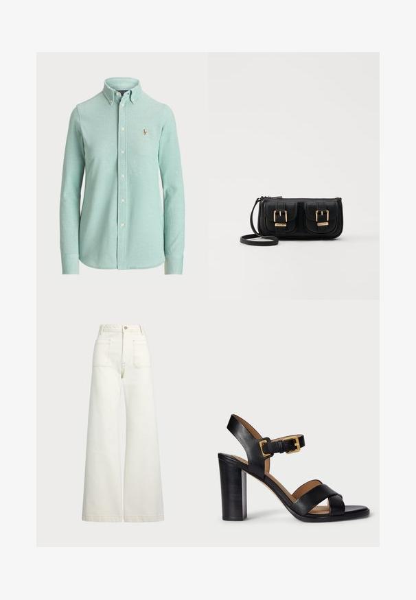 Lys myntgrønn langermet skjorte med knapper, laget av bomullsblanding, har klassisk krage og en liten brodert logo på brystet.; Vidde bukser i off-white denim. Høyt liv-design med knappelukking, to frontlommer og kontrastsøm detaljer.; Svarte lær hæler med krysset stroppdesign og spenning. Har en kraftig hæl og glatt tekstur.; Svart skinn crossbody veske med to frontlommer, gyldne spenner, glidelåslukking og en slank stropp. Teksturert overflate og kompakt rektangulær form.