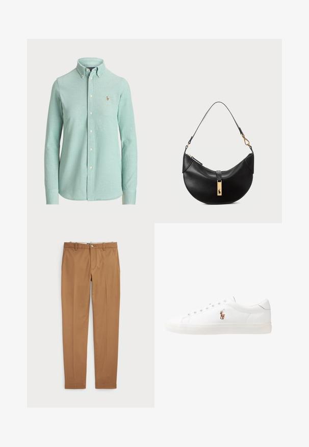 Šviesiai mėtinės spalvos ilgomis rankovėmis marškiniai su mygtukais, pagaminti iš medvilnės mišinio, turi klasikinį apykaklę ir mažą siuvinėtą logotipą ant krūtinės.; Rudos medvilnės kelnes su siauru siluetu, lygiu priekiu ir standartinėmis kišenėmis; sklandžios tekstūros ir apkarpytais rankogaliais.; Baltos odinės sportbačiai, žemo profilio, su lygia tekstūra, apvalia nosimi, raištelių sistema priekyje ir mažyte siuvinėta logo šone.; Juodos odos rankinė pusmėnulio forma. Papuošta auksinėmis detalėmis ir siaura juosta. Lygi tekstūra, užtrauktuko uždarymas viršuje.