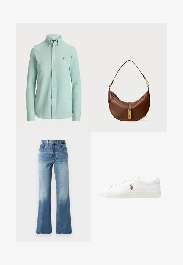 Gaiši mentolzaļš garām piedurknēm pogājams krekls, izgatavots no kokvilnas maisījuma, ar klasisku apkakli un mazu izsistiem logo uz krūšu.; Gaiši zili augstās jostasvietas džinsi, ar plašu kāju griezumu, izbalējušu tekstūru, piecām kabatām un metāla pogu aizdari.; Baltas ādas sporta apavi, zema dizaina, ar gludu tekstūru, noapaļotu purngalu, ar auklēm priekšpusē un nelielu izšūtu logotipu sānos.; Bēšs ādas plecu soma ar izliektu formu, zelta aparatūru, augšējo aizdari un logotipa akcentu. Gluda faktūra ar šušu malām.