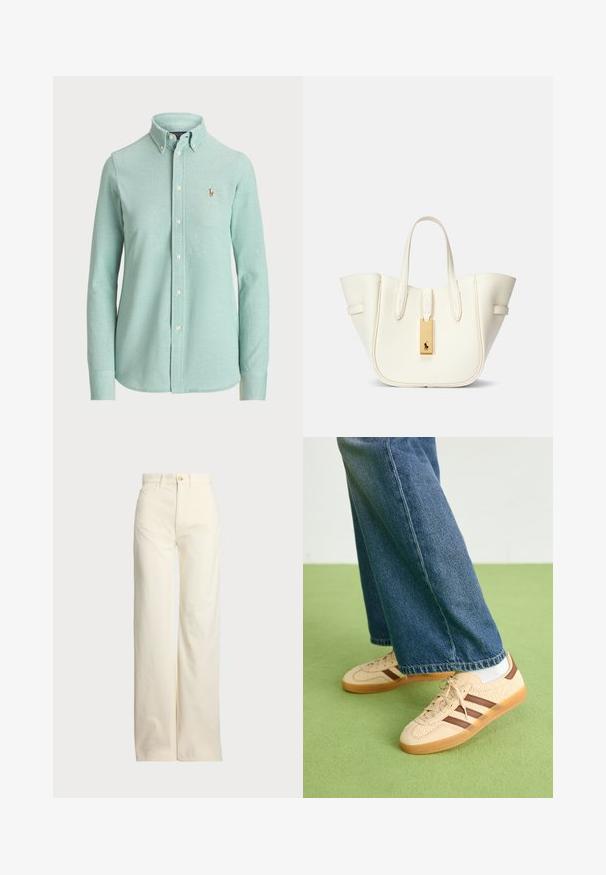 Heled mints roheline pika varrukaga nööbiga särk, mis on valmistatud puuvilla segust, omab klassikalist kraed ja väike broderi logo rinnal.; Polo Ralph Lauren COTTON CORDUROY WIDE-LEG PANT - Püksid - warm white; Beežid spordijalatsid tekstuursete kreemjatest paneelidest ja pruunidest triipudest, koos siniste denim pükstega. Püksid on avara säärega ja narmendava äärega.; Valge nahast ostukott, millel on struktureeritud kuju, silmapaistvad õmblused, kuldne metallist silt ja kaks käepidet. Tekstuuriga pind ja külgpockets.