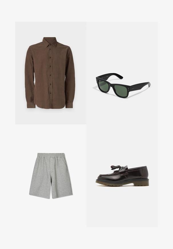 Smeđi košulja dugih rukava izrađena od teksturiranog materijala, s klasičnim ovratnikom i dugmadi za zatvaranje sprijeda.; Bijeli pamučni majica bez rukava s okruglim izrezom, širokim naramenicama i ravnim rubom, s glatkom teksturom i bez vidljivih uzoraka.; Sive pamučne kratke hlače s elastičnim pojasom, s bočnim džepovima i opuštenim krojem. Glatka tekstura i dizajn do koljena.; Smeđe kožne mokasine s tkanim dizajnom, detaljem od resica i ravnim gumiranim potplatom. Imaju glatku završnu obradu i kontrastno šivanje.; Crne pravokutne sunčane naočale sa zelenim staklima, mat završetkom, suptilnim metalnim detaljima i utisnutim logotipom na dršku.