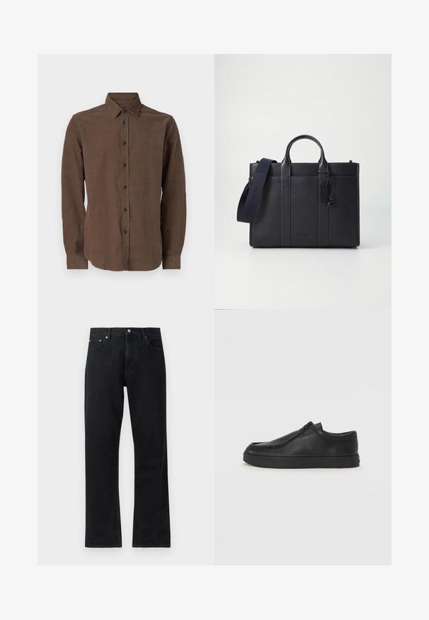 Camisa marrón de manga larga hecha de un tejido texturizado, con un cuello clásico y cierre de botones en la parte delantera.; Jeans de denim negro con un diseño de pierna recta, que presentan un cierre de botón, estilo de cinco bolsillos y detalles de costura sutiles.; Zapato de piel negro tipo slip-on con punta redonda, detalles de costura y suela de goma negra. Textura suave con un diseño minimalista.; Maletín de cuero negro marino con dos asas superiores y una correa desmontable. Presenta un acabado texturizado, costura vertical y detalle del logo.