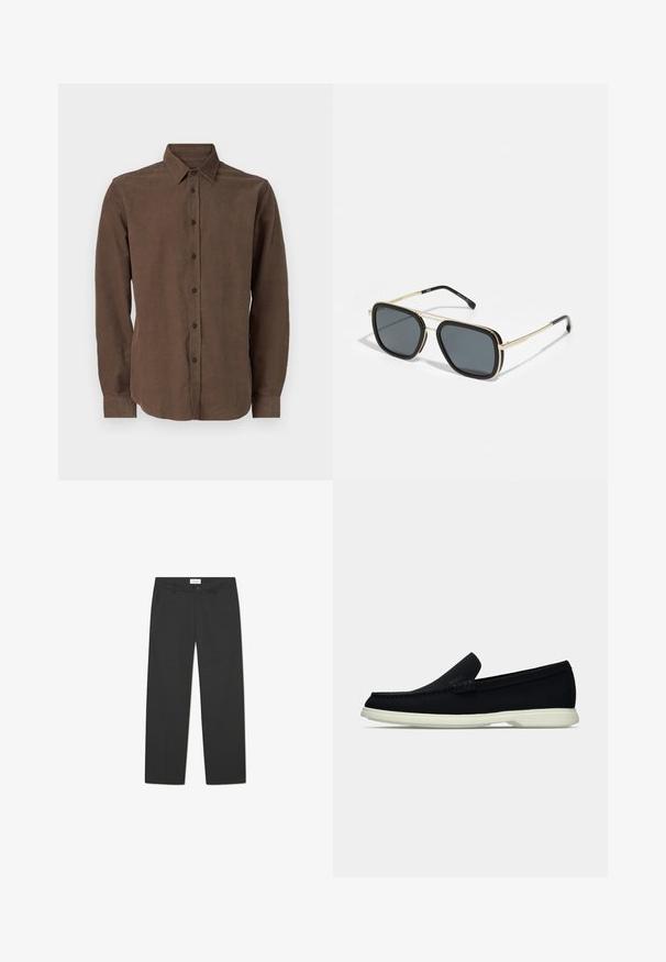 Brązowa koszula z długim rękawem, wykonana z teksturowanej tkaniny, z klasycznym kołnierzykiem i zapięciem na guziki z przodu.; Czarne spodnie wykonane z lekkiego materiału. Posiadają prosty krój, płaski przód, kieszenie boczne oraz dyskretną talię.; Czarny pantofel wsuwany z okrągłym noskiem, charakteryzujący się teksturowanym wierzchem, gładką białą podeszwą oraz subtelnym detalem z logo po boku.; Czarno-złote okulary przeciwsłoneczne o kwadratowym kształcie, metalowej oprawie, ciemnoszarych soczewkach i czarnych końcówkach zauszników. Wyposażone w podwójny mostek.