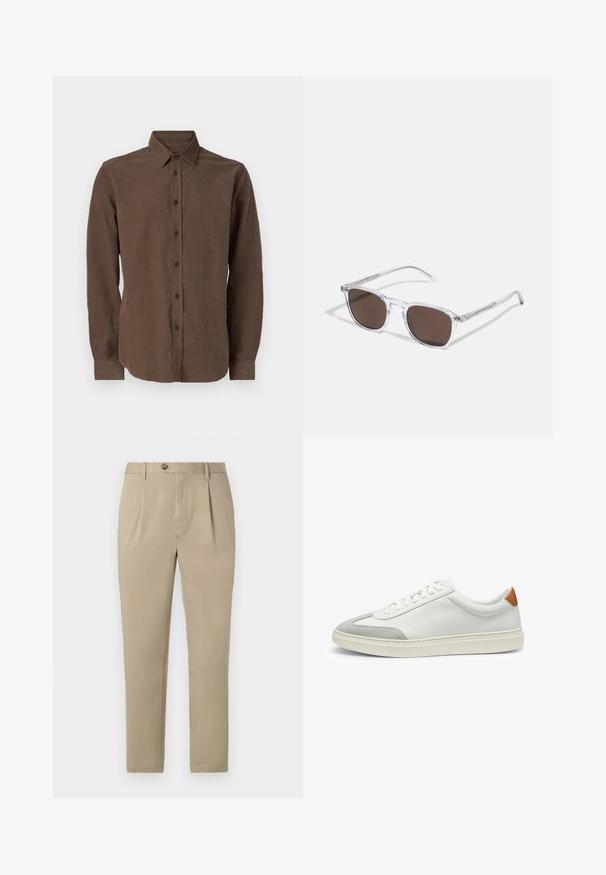 Brown long-sleeve shirt made from a textured fabric, featuring a classic collar and button closure along the front.; Tommy Hilfiger HARLEM - Chinos - camel; White leather sneakers with gray suede accents and a tan leather heel tab. Features a textured surface and lightweight sole.; Clear plastic sunglasses with rectangular brown lenses, featuring thin, transparent arms and metal accents on the temples.